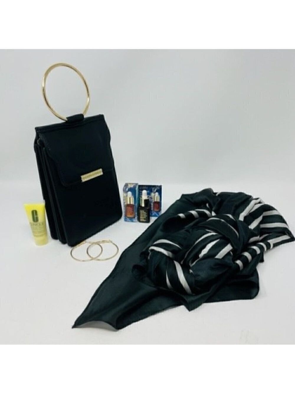 5 piece set- purse, scarf, earrings, Clinique moisturizer, ELauder serum - Picture 2 of 4